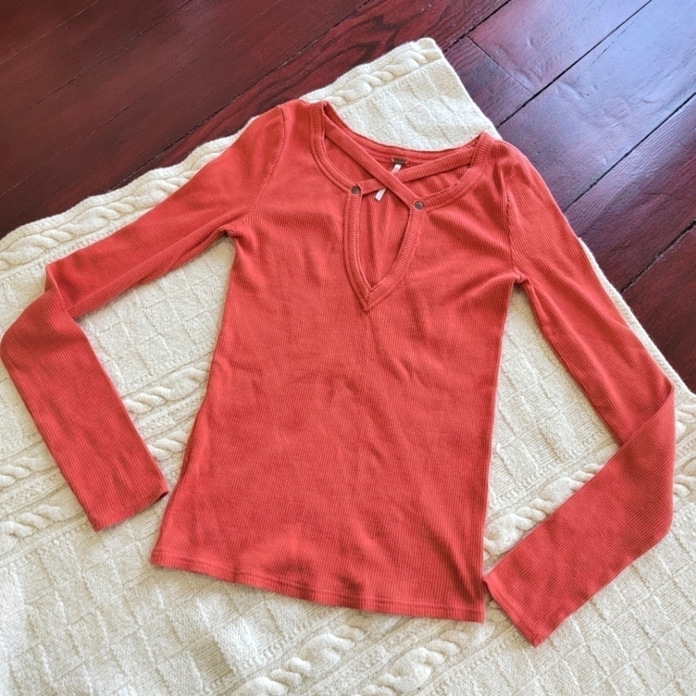 Free People Ribbed Strappy Neckline Blouse size Small Orange